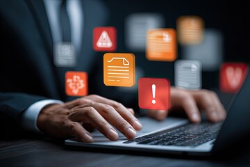 Businessperson working on laptop, alert icons hovering