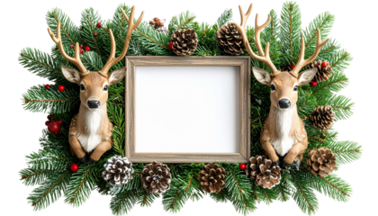 Christmas Frame PNG, Festive Border with Pine Branches, Ornaments, Lights, and Snowflakes, Transparent Background, Holiday Greeting Card and Invitation Design