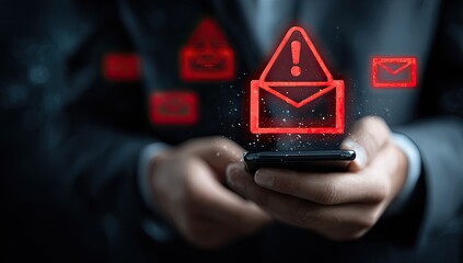 A businessman holds a phone, with red alert email symbols hovering above the screen