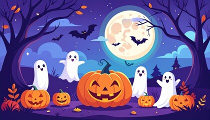 A flat design vector Halloween background for banners, featuring dark purple and black tones, a haunted house silhouette, flying bats, a leafless tree, a full moon, and spooky pumpkins