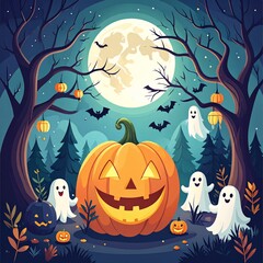 A flat design vector Halloween background for banners, featuring dark purple and black tones, a haunted house silhouette, flying bats, a leafless tree, a full moon, and spooky pumpkins