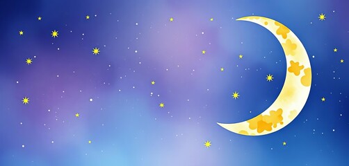Whimsical crescent moon and stars in a watercolor night sky, Eid al Adha theme, greeting, art