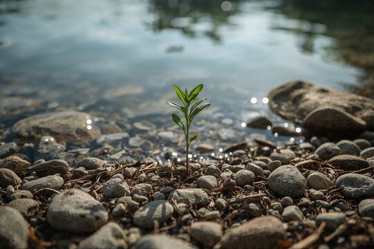 Tiny green sprout emerging beside a water source
