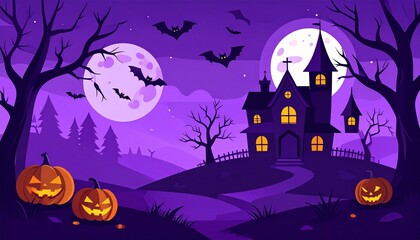 Fototapeta premium A flat design vector Halloween background for banners, featuring dark purple and black tones, a haunted house silhouette, flying bats, a leafless tree, a full moon, and spooky pumpkins