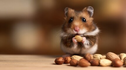 Adorable hamster holding a nut amidst a pile of assorted nuts on a wooden surface, cozy background