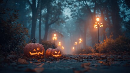 Spooky halloween pumpkins in foggy forest