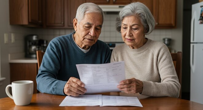 elderly couple reviewing financial documents at kitchen table with coffee in cozy home environment