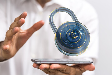 Mobile phone security, digital padlock, data protection, online safety, cybersecurity, privacy,...