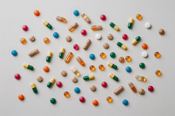 Assorted vibrant capsules and tablets scattered on a pale surface. Nutritional supplements. Pharmaceutical theme.