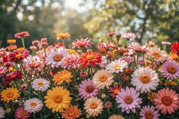 Extensive collection of garden blossoms in a panoramic shot