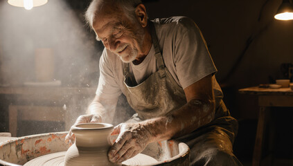 Senior man pottery wheel clay art craft hobby, elderly male artist shaping ceramic vase in workshop, creative joyful expression, warm lighting, dusty atmosphere