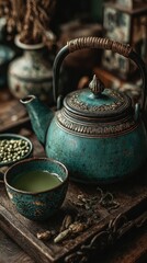 Teal tea set on dark wooden tray
