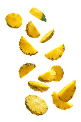 Naklejka premium fresh flying pineapple slices isolated white background