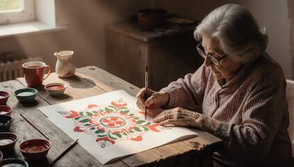 Senior woman painting colorful mandala art on paper natural light peaceful atmosphere creative hobby traditional craft wooden table relaxed mood home interior