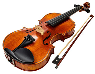 Angled Side View of Violin with Bow, Isolated on White PNG
