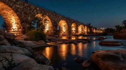 Stone bridge over river at twilight