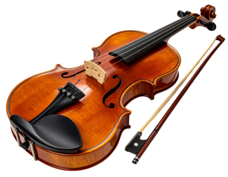 Angled Side View of Violin with Bow, Isolated on White PNG