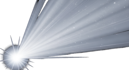 Crisp light rays emanating from a single point near bottom-left, with a soft halo and subtle speckle. Colors: cool gray to pale blue; white background.