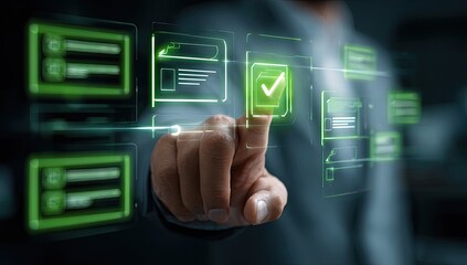 A person's finger touches a glowing green checkmark on a digital form interface