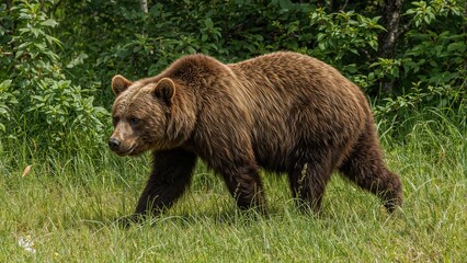 A wild adult Brown Bear in a thriving summer forest. Scientific name Ursus Arctos. Surrounded by rich green forest. Original natural habitat.