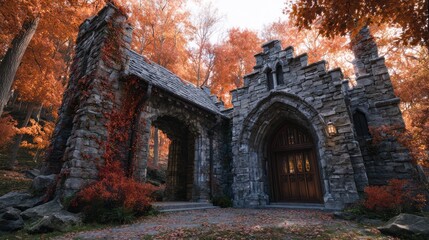 Stone chapel in autumn forest