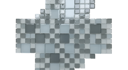 Mosaic of translucent glass-like tiles in cool grayscale and light blue, arranged in a loose grid with subtle reflections. 