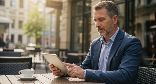 focused mature man using tablet in outdoor cafe during bright morning with coffee and city street view