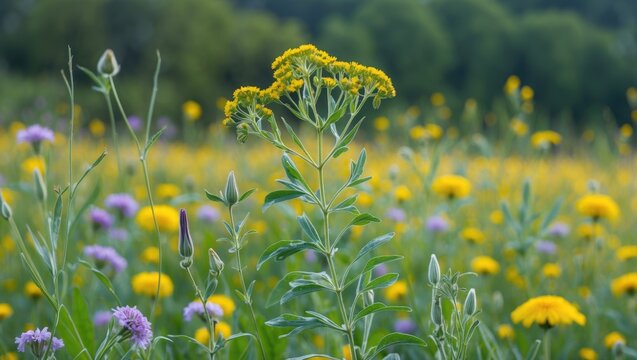 Detailed view of meadow herbs and wild plants
