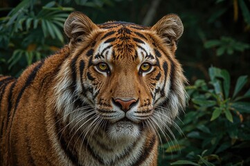 Fototapeta premium Close-up photo of a fierce striped wild cat with alert eyes in a dense jungle environment