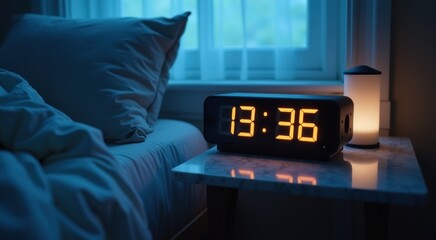 Alarm clock on a nightstand in a bedroom with a window
