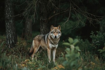 Obraz premium Feral Canine Posed Beneath Tree in Woodland