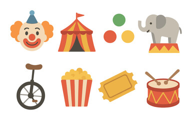 Colorful circus icons with clown, tent, elephant, and juggling balls on striped background