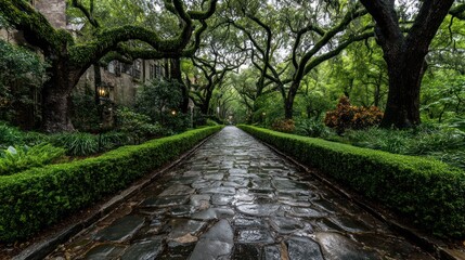 Stone path through lush garden