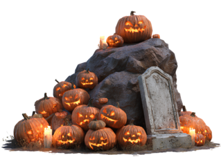 Halloween pumpkin patch with tombstone on white background isolated on a transparent background