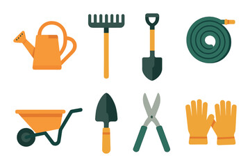 Illustrated garden tools set with watering can, rake, shovel, hose, wheelbarrow, trowel, shears, gloves