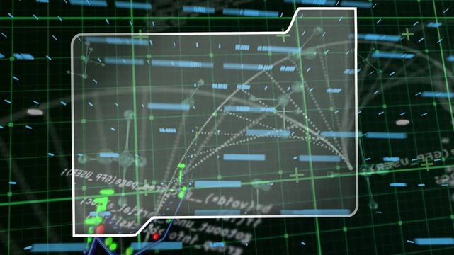 Animation of frame, molecules, graphs, dna and data processing on black background