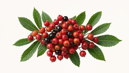 Close-up of wild cowberry and foxberry with leaf sprigs on solid background, high-res picture