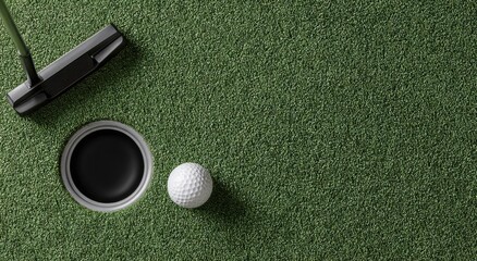 Golf putter, ball, and hole on green