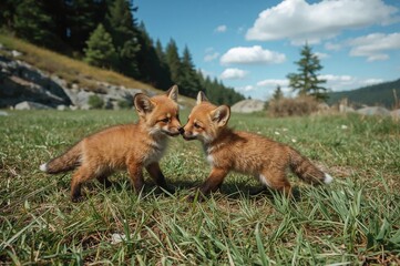 Obraz premium Young wild red foxes frequently show darker fur shades during play fights in their natural habitat.