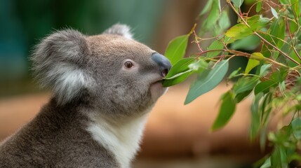 Close-up of a koala munching on eucalyptus leaves in a serene natural habitat with soft background