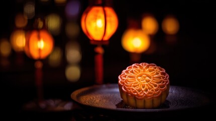 Golden mooncake with delicate floral carvings on a lacquer tray, glowing in warm candlelight.