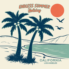 Obraz premium vintage retro summer graphics. endless summer holiday in california. sunset for endless summer vibes graphics. adventure surfing beach paradise. summer t-shirt design. vintage graphic tee. 