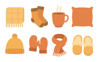Cozy autumn essentials: warm blanket, socks, steaming mug, pillow, hat, mittens, scarf, slippers