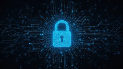 Technology-driven data security concept featuring a digital padlock on a virtual platform ensuring privacy and defense against online cyber attacks.