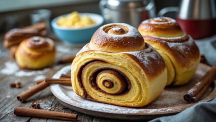 Fototapeta premium Unattractive traditional cinnamon pastry served at school lunch