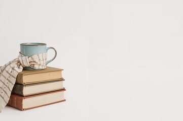 Two piles of books on a white surface with space for writing and a blue mug dressed in a striped scarf