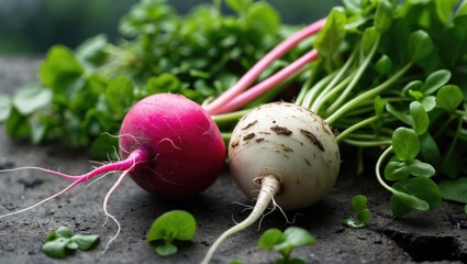 Radishes and watercress arranged on a garden surface with selective focus