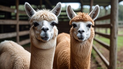 Obraz premium Farm scene featuring a pair of llamas