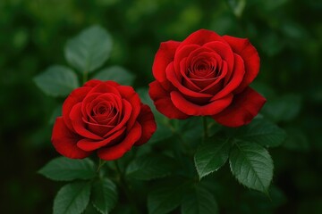 Obraz premium Pair of scarlet roses with lush dark green leaves