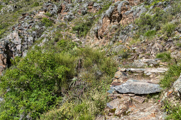 Scenic view of the hiking trail leading to the Pinkuylluna Inca Archaeological Site in Ollantaytambo, Sacred Valley of the Incas, Peru.